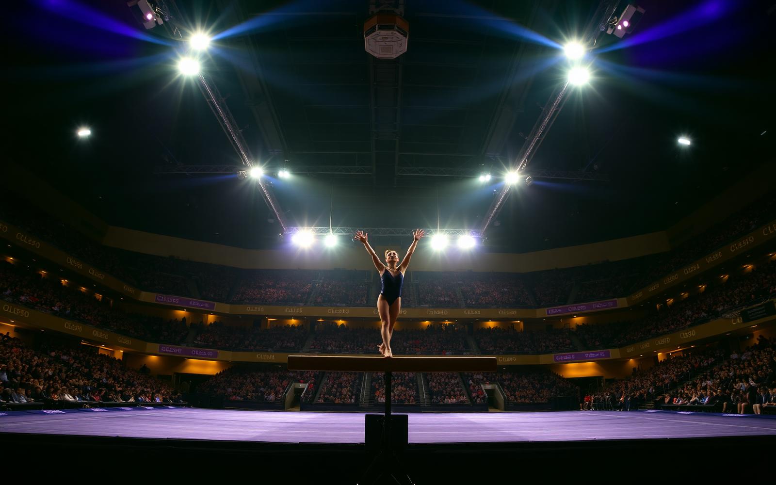 LSU gymnast on the balance beam under arena spotlights